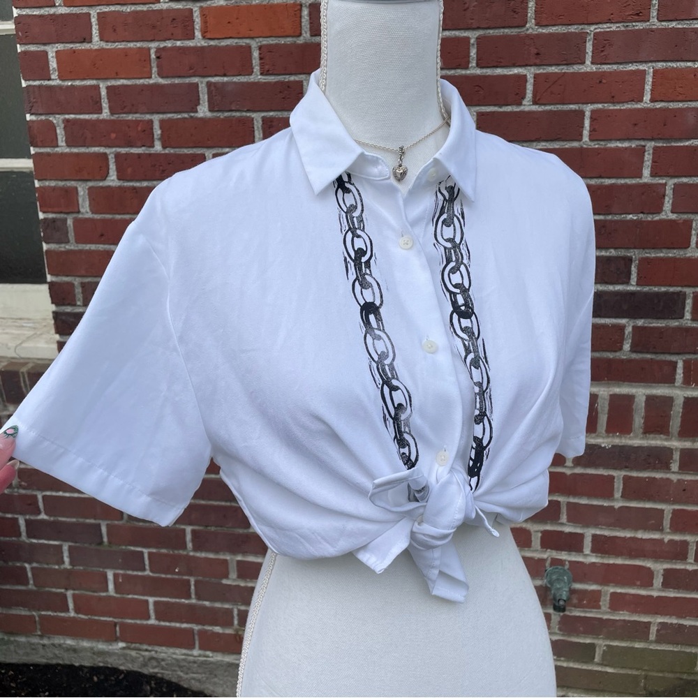 Upcycled Grunge Lino Cut Chain White Button Up